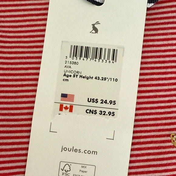 Joules Pink & Red Striped Sparkle Unicorn Shirt - size 5 - Picture 2 of 6